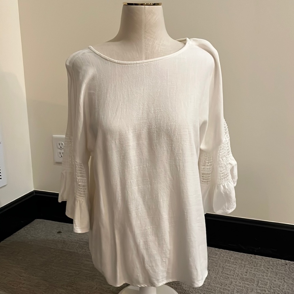 Cream blouse with intricate lace sleeves
